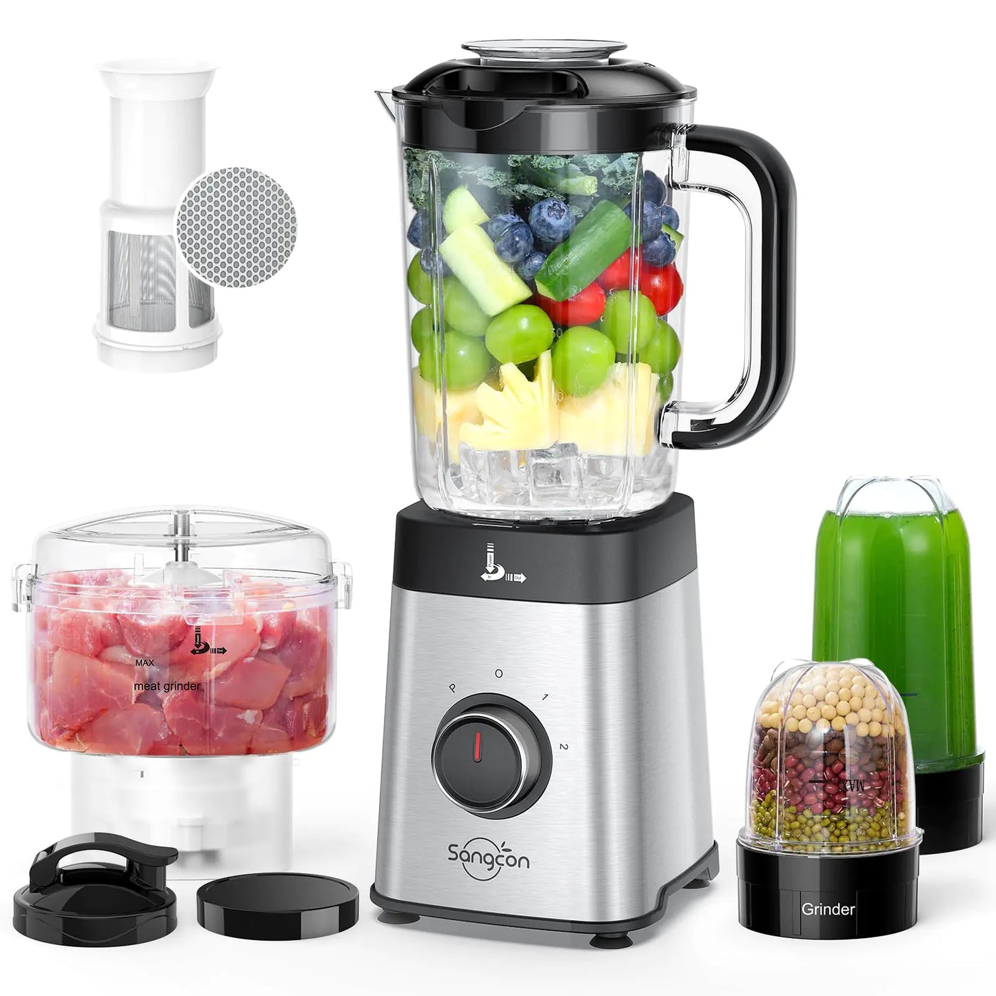Sangcon Blenders and Food Processor Combo for Kitchen 5 in 1 Blender for Shakes and Smoothies Meat Chopped Grinding & more 40 oz Jar & 17oz Cup with To-Go Lid Stainless Steel Silver